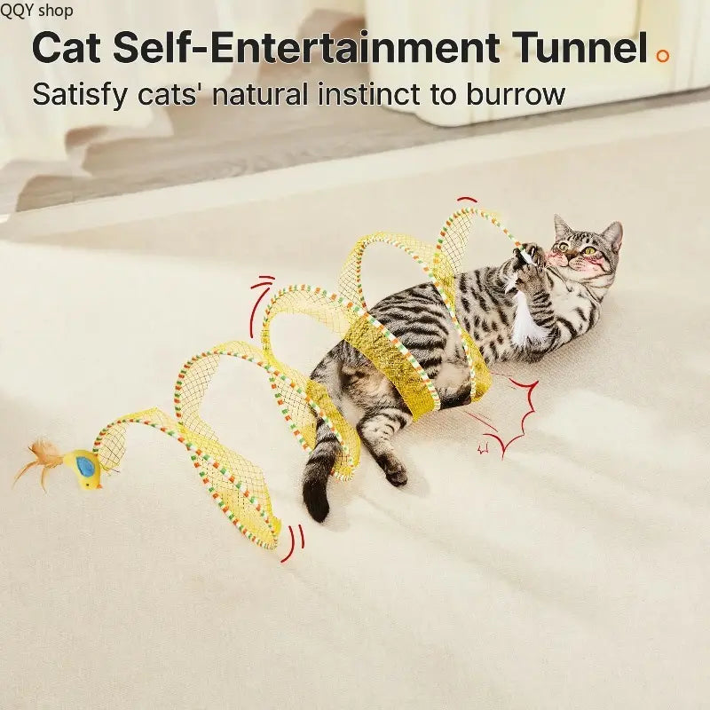 【Summervibes】Spiral Tunnel Cat Toy, Collapsible Spring Cat Tunnel with Feather & Bell, 20 Inch Foldable Indoor Kitten Self Play Toy, Interactive Stimulating Pet Accessory, Durable Fun Play Tunnel for Indoor Cats & Small Pets